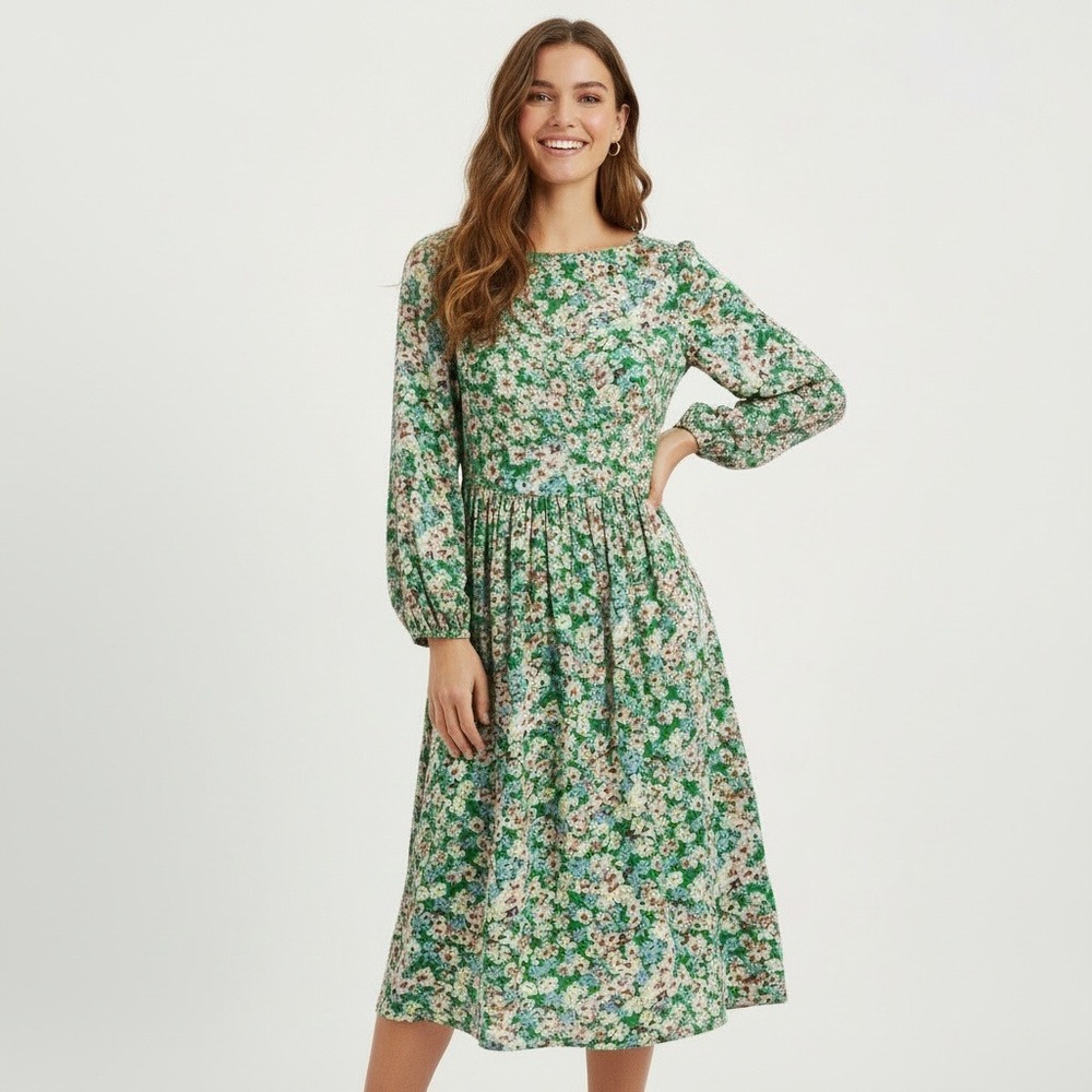 Zara Womens XXL Green Floral Daisy Print V-Neck Long Sleeve Midi Dress